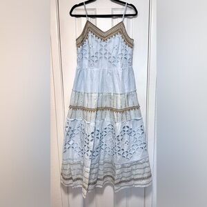 Light Blue Eyelet Maxi Dress with Beige Trim